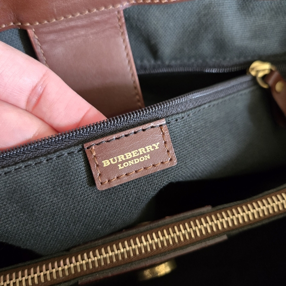 Burberry Beige and Brown Plaid Duffel Bag with Leather Trim - Picture 6 of 7